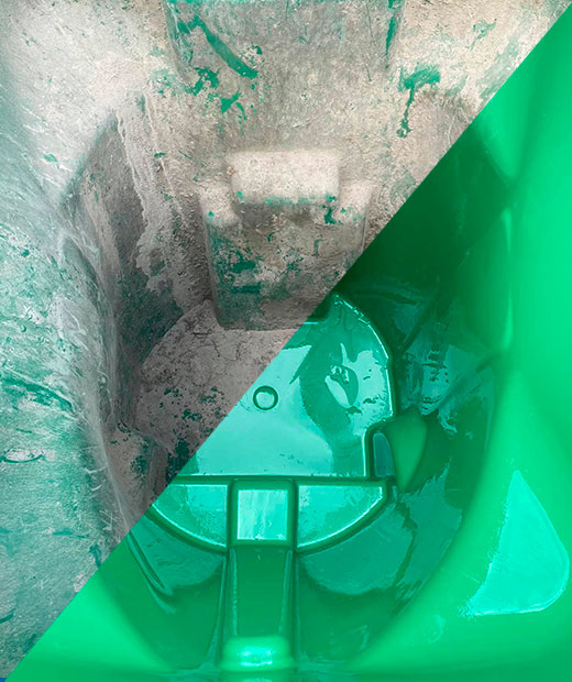 Recycling bin before and after cleaning — grimy interior on left, bright clean green on right