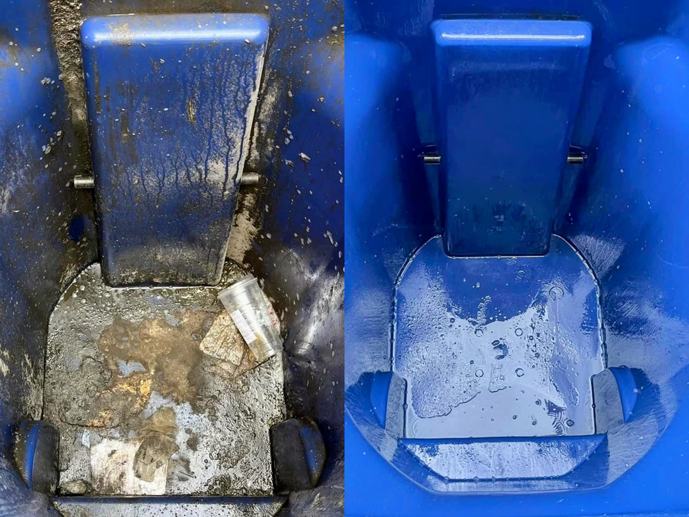 Trash bin before and after cleaning — dirty brown residue on left, sparkling clean on right