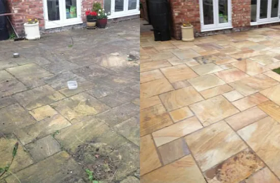 Patio flagstone before and after cleaning — green algae and grime on left, restored color on right